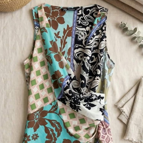 Zara sleeveless satin top with patchwork pattern and drape design, size L