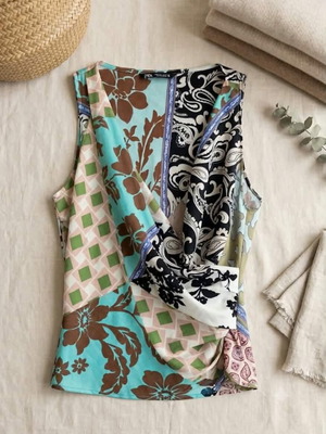 Zara sleeveless satin top with patchwork pattern and drape design, size L