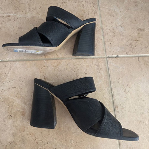 Autograph Black Leather Mules Block Heel Cross Strap Sandals