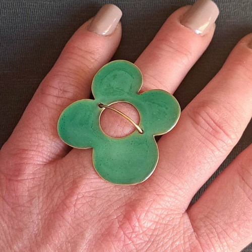 Statement ring flower with emerald enamel and 14K gold shank, Aphrodite Goula design new
