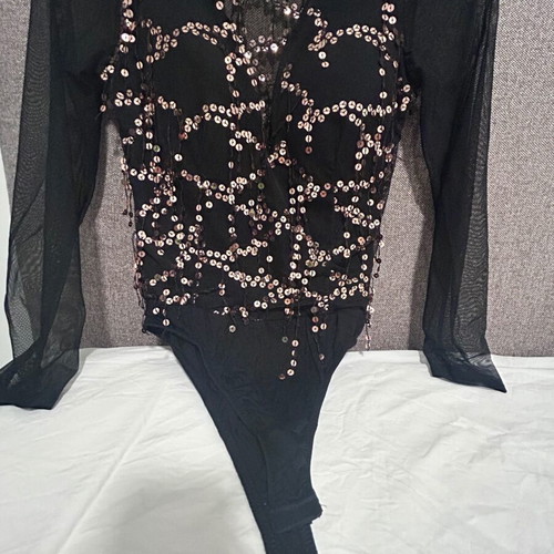Women's black lace evening sequined bodysuit top size S-M new