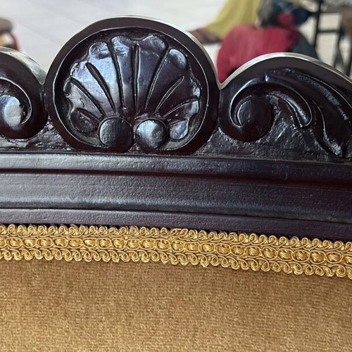 Vintage armchair set with mustard velour and carved dark wood frame