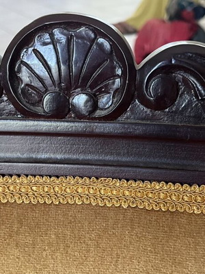 Vintage armchair set with mustard velour and carved dark wood frame