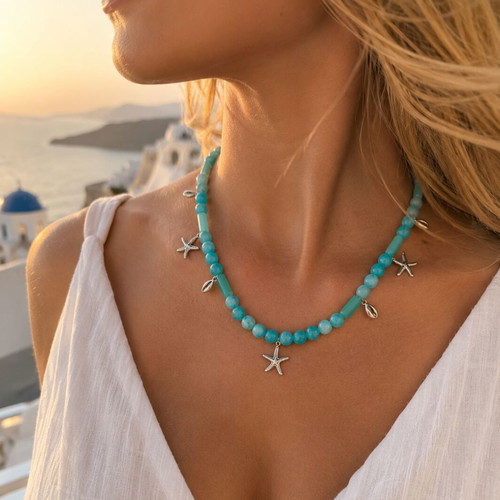 Handmade Long Necklace with Blue-Green Precious Stone JADE and metallic stars and shells