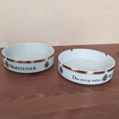 Warsteiner beer ceramic ashtrays used, set of 2, 14.5 cm diameter