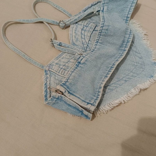 Denim crop top used heart-shaped Bershka, white and blue