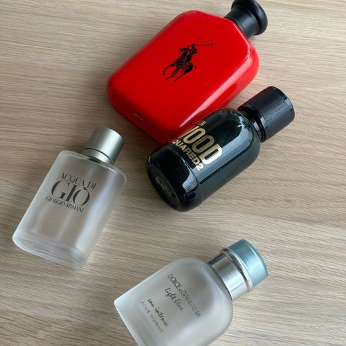 Empty perfume bottles used, Giorgio Armani, Dolce&Gabbana, Dsquared2, Ralph Lauren