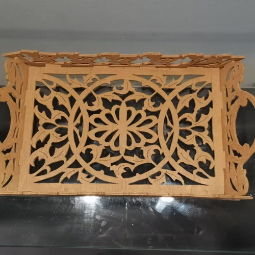 Wooden tray and basket set used, vintage with pierced decoration
