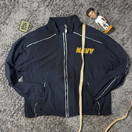 Dark blue waterproof windbreaker jacket with NAVY print, size M