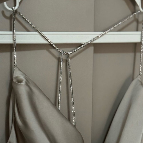 BSB Satin Dress like new with draped bust and rhinestone straps, size L