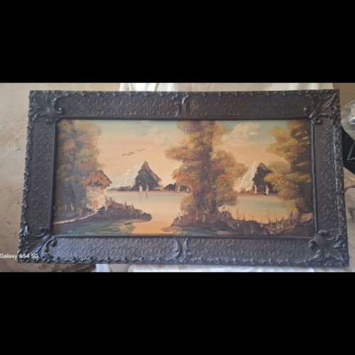 Vintage large painting with embossed technique and ornate frame