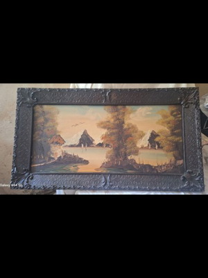 Vintage large painting with embossed technique and ornate frame
