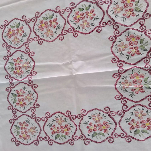 Handmade White Tablecloth 155x166 cm with Cross Stitch and Azur Finish