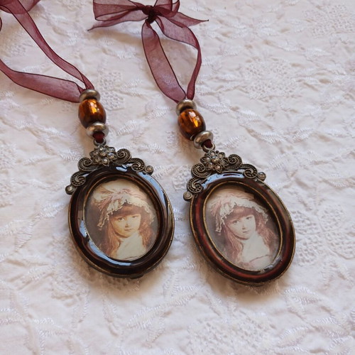 Set of vintage miniature enamel frames with beads and crystals