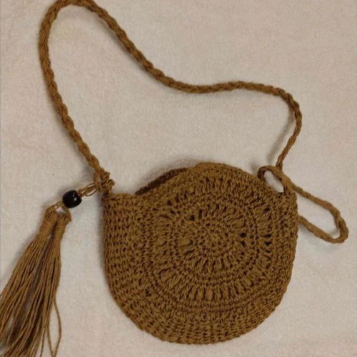 Crochet Crossbody Bag Boho with Tassel in Beige and Brown, New