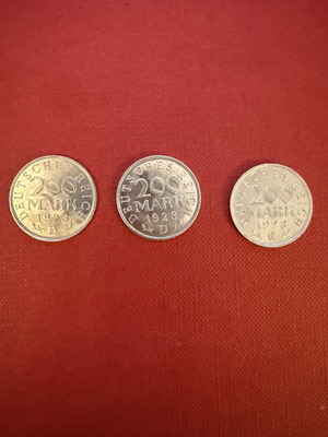 Комплект 3 монети Weimar Republic 200 Mark 1923 като нови, период на хиперинфлация