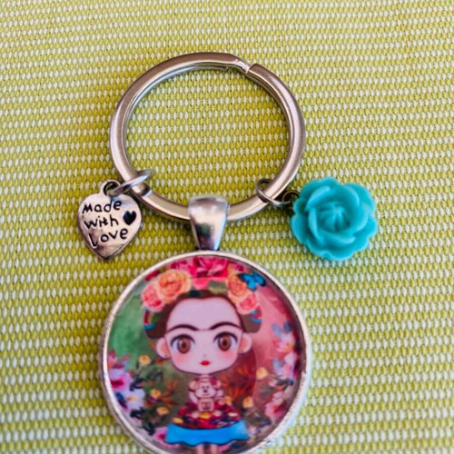 Frida Kahlo handmade keychain, silver-tone, resin and acrylic flower charm