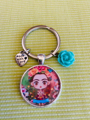Frida Kahlo handmade keychain, silver-tone, resin and acrylic flower charm