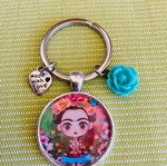 Frida Kahlo handmade keychain, silver-tone, resin and acrylic flower charm