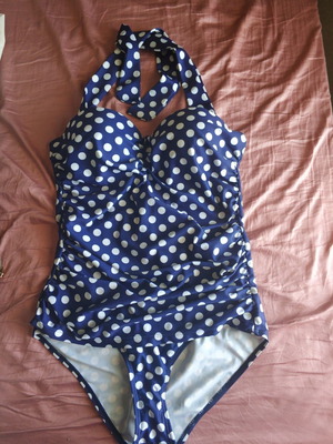 Μαγιό ολόσωμο vintage πουά 60's μεταχειρισμένο, μπλε και λευκό, μέγεθος L