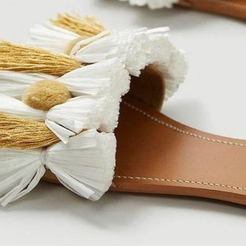 Mango boho tassel raffia flat sandals size 38 like new