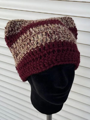 Handmade Beanie with Cat Ears Striped Burgundy and Beige