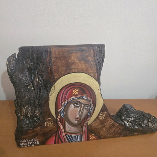 Panagia icon hand-painted on olive wood trunk new