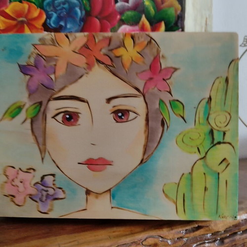 Wooden Frida Box with Painting and Pyrography New