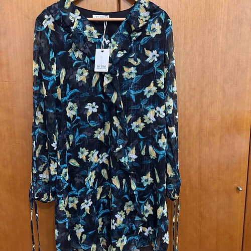 My Star Collection dress new, floral with ruffles and belt, size M