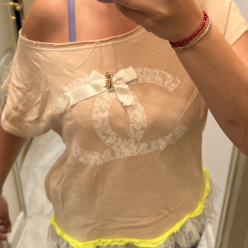 Beige T-shirt with lace details and bow, romantic Coquette style top