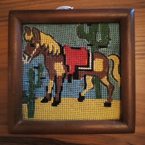 Vintage Handmade Embroidered Textile Painting Horse in Desert used