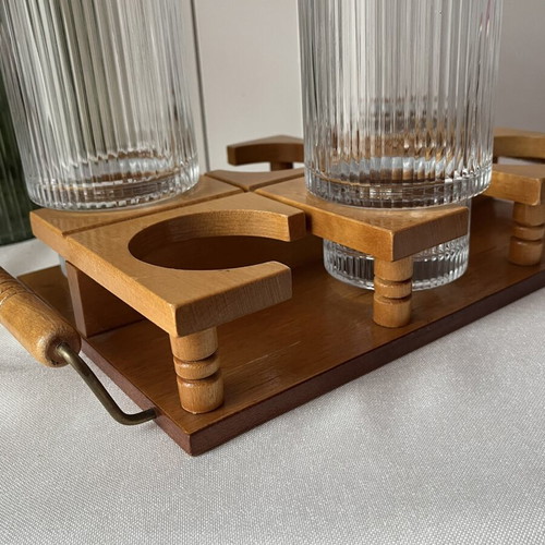 Vintage wooden tray with 6 circular slots, Mid-Century Modern style