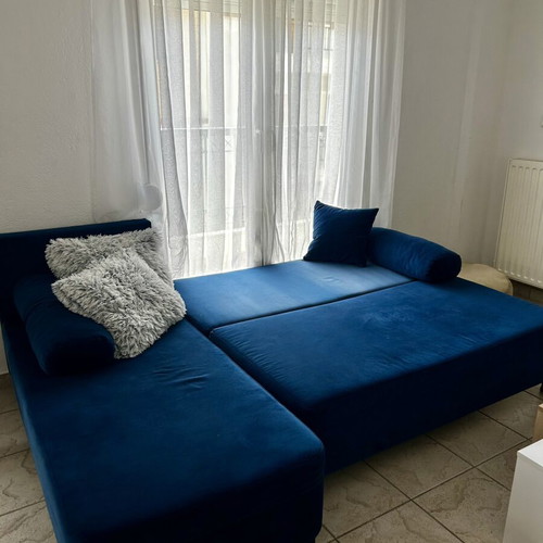 Student living room furniture set like new, blue velvet corner sofa