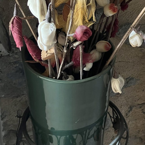 Large vintage floor decoration with dried flower arrangement