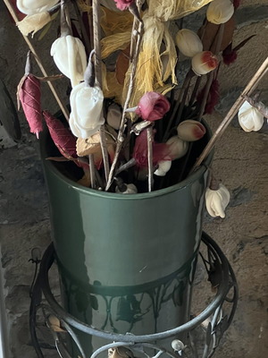 Large vintage floor decoration with dried flower arrangement