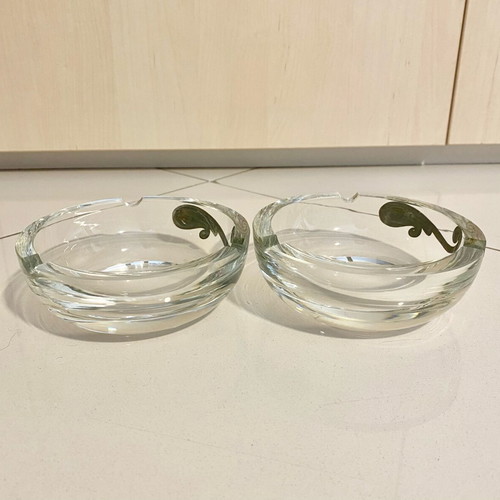 Kosta Boda crystal ashtrays new with silver decoration, set of 2