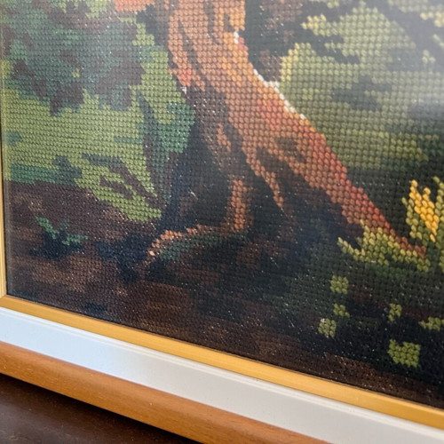 Textile painting used with rural landscape and matte glass
