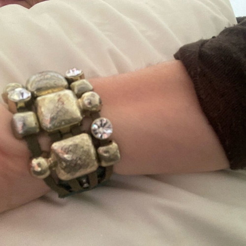 Vintage bracelet used, leather, metal, rhinestones, green and gold