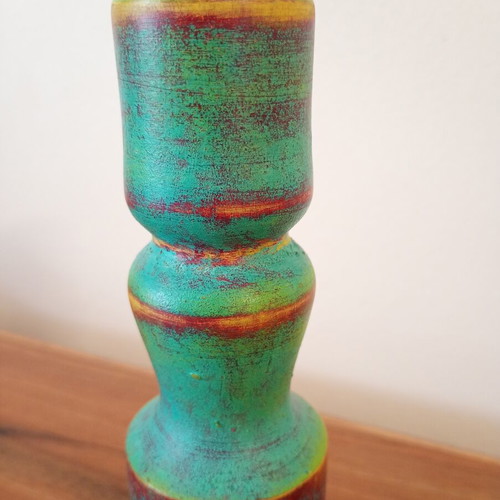 Wooden handmade candlestick painted with chalk colors, new, 15 cm