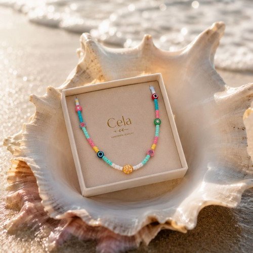Handmade Necklace with Fimo Discs and Ceramic Elements
