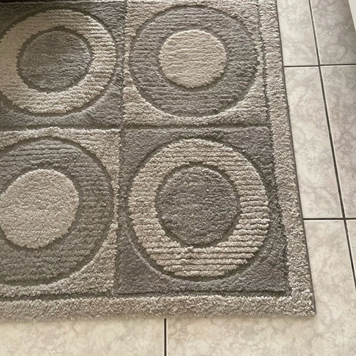 Rugs used, set of 3, gray with geometric patterns, one with defect