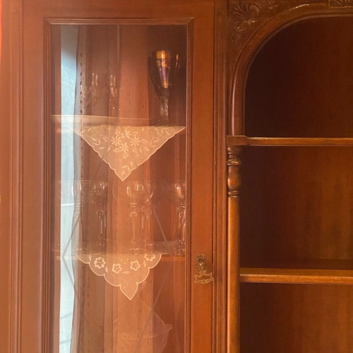 Handmade carved walnut display cabinet used, 1950s vintage
