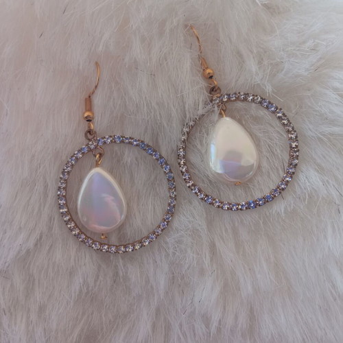 Pearl and rhinestone drop earrings, gold color, stainless steel