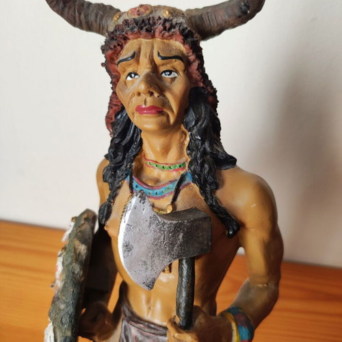 Vintage Native American warrior statue used, kneeling with spear and tomahawk