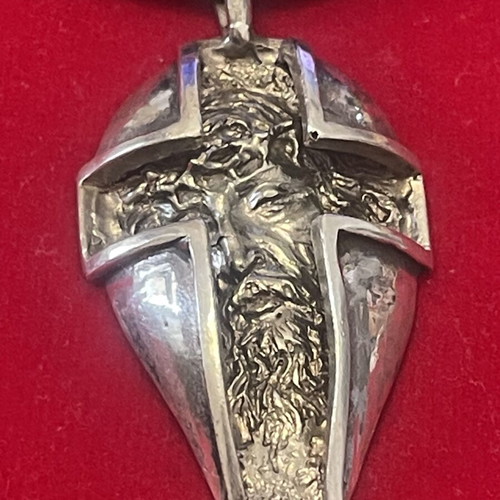 Stavros pendant with Christ depiction silver mass handcrafted used with leather cord