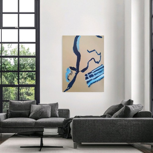 F for Freedom Abstract Blue Original Acrylic Painting 102x72 cm new