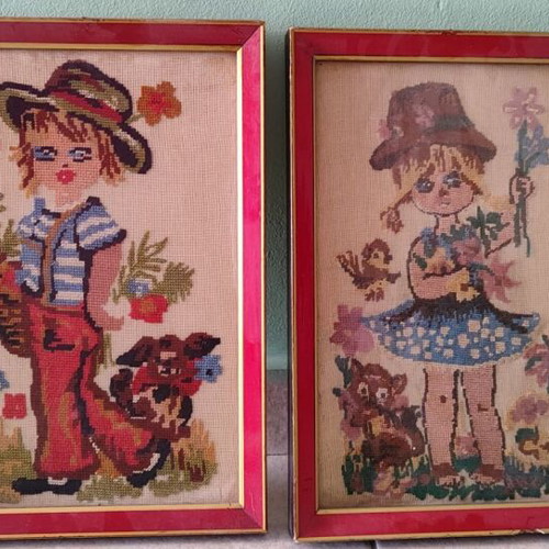 Embroidered framed pictures used with children figures