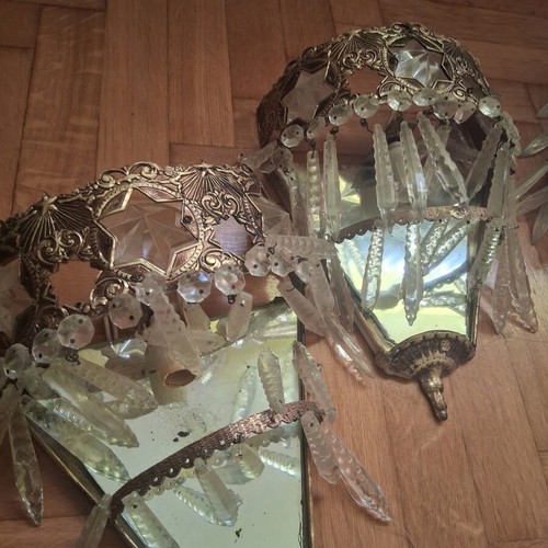 Wall lights set used, vintage brass with crystals, 2 pieces
