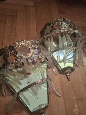 Wall lights set used, vintage brass with crystals, 2 pieces