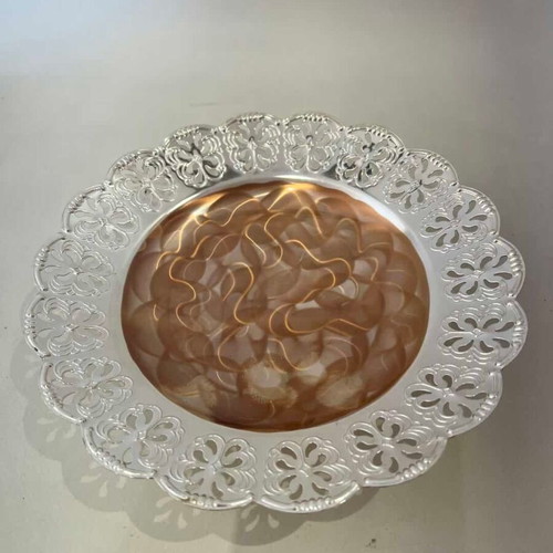 Vintage fondant dish used with scalloped edge and decorative motifs 3x20.5